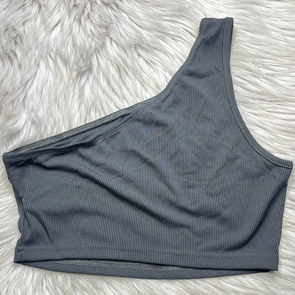 Verdusa One Shoulder Ribbed Crop Top Grey size Small - Picture 2 of 3